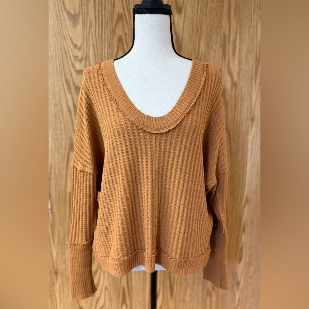 Free People Exaggerated Cuff Waffle-Knit Scoop Neck Sweater Size S